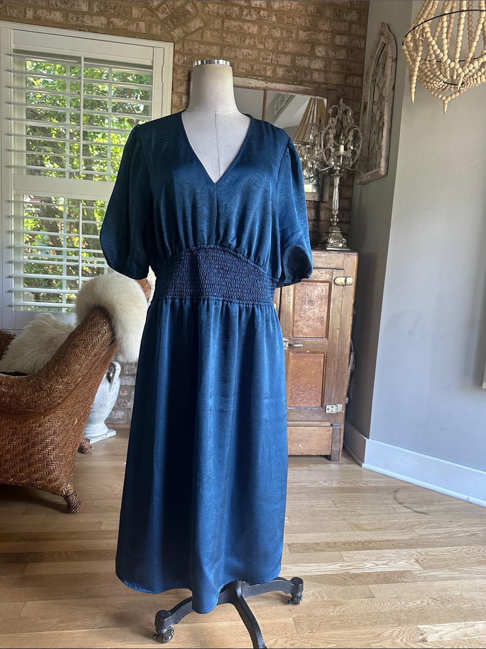 DEAR JOHN Jennifer V-Neck Smocked Waist Midi Dress New Blue XL